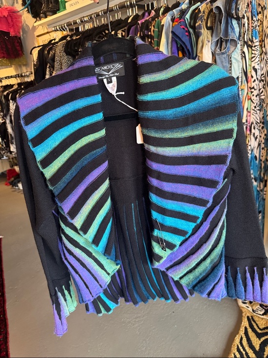 Studio Sweaters - Y2K Open-Front Striped Sweater Cardigan in Blue/Green/Purple
